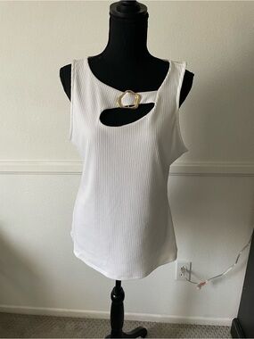 INC International Concepts White Ribbed Tank with Gold Buckle Cutout